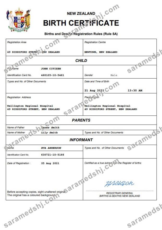 New Zealand birth certificate Word and PDF template